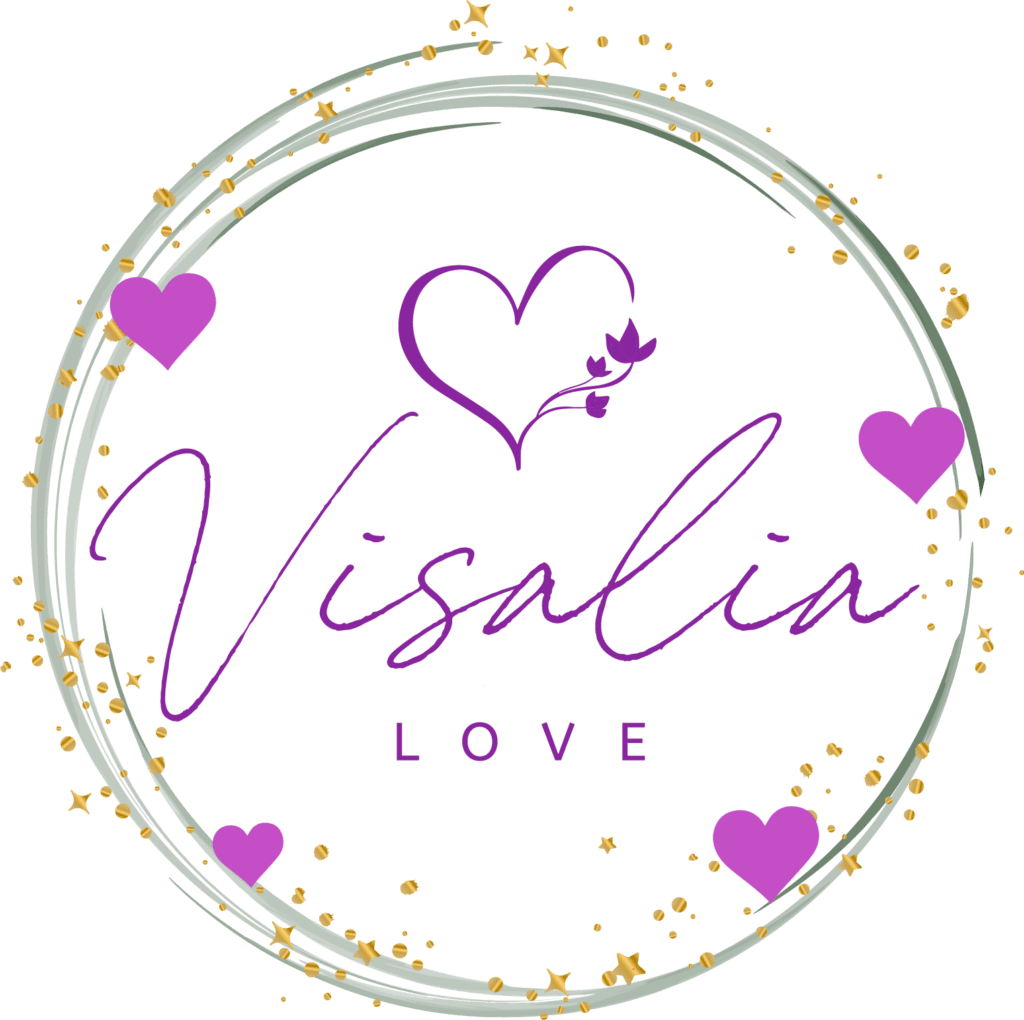 A purple and gold logo with the word " visulin love ".